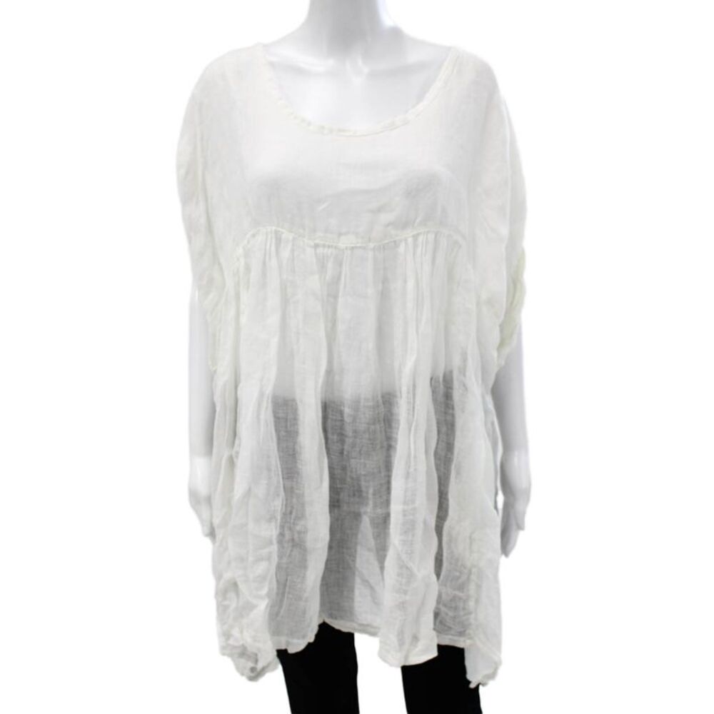 Sunday Women Tunic Blouse White Round Neck Short Sleeve Drawstring Size S